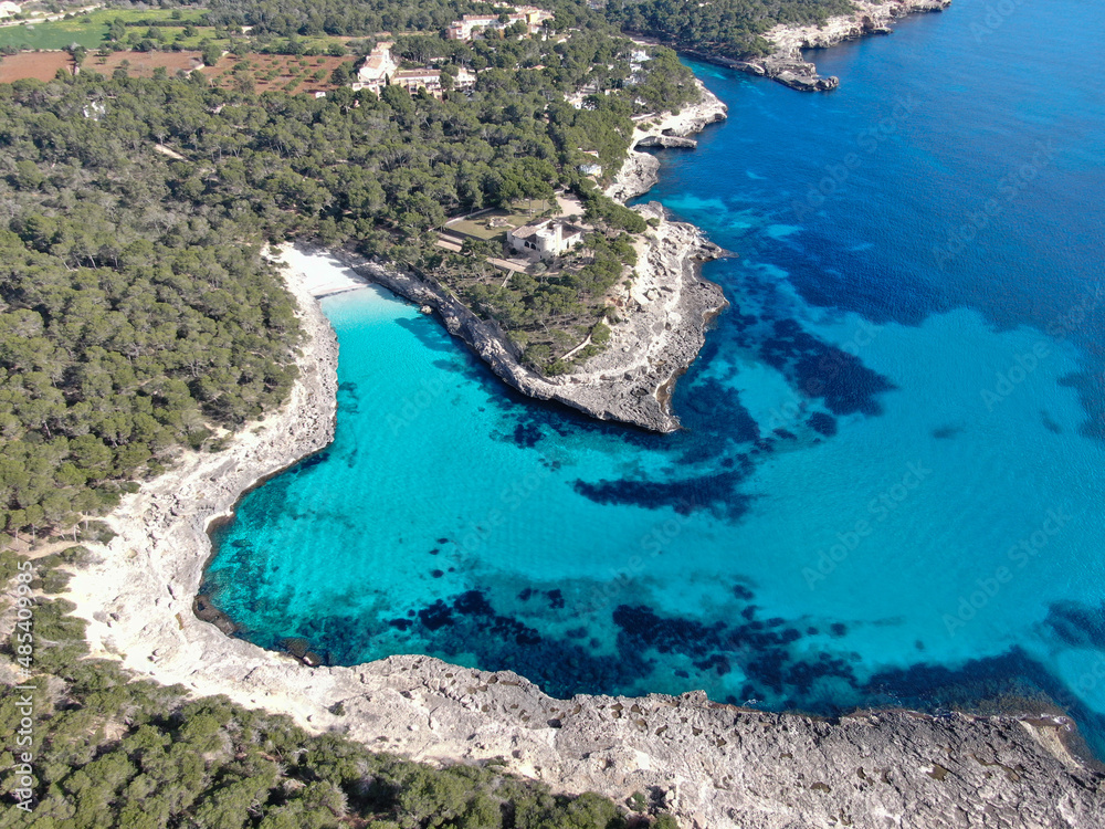 Cala Mandia. Beautiful view of the seacoast of Majorca with an amazing turquoise sea, in the middle of the nature. Concept of summer, travel, relax and enjoy	
