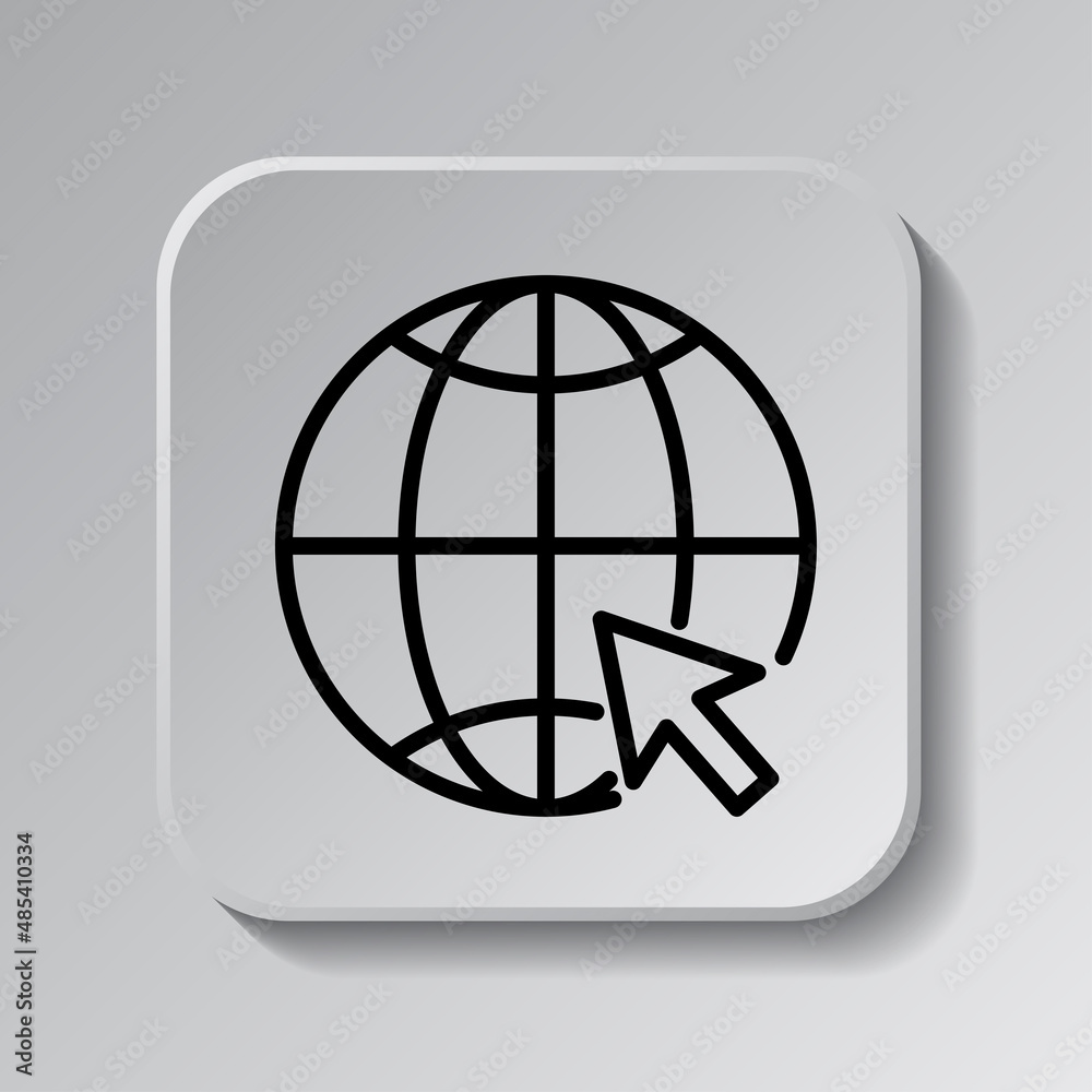 Internet world simple icon. Flat desing. Black icon on square button with shadow. Grey background.ai Internet world simple icon. Flat desing. Black icon on square button with shadow. Grey background.ai