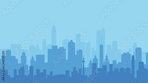 Skyline City skyscrapers in blue. modern cityscape from skyscrapers. Sketch of urban design. Abstract white background. City silhouette linear