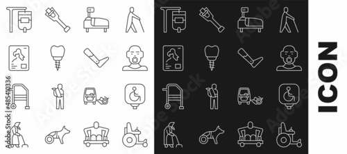 Set line Electric wheelchair, Disabled, Head of deaf and dumb, Hospital bed, Dental implant, X-ray shots, IV bag and Prosthesis leg icon. Vector