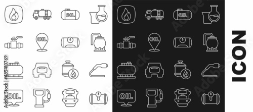 Set line Gas tank for vehicle, Electrical cable plug charging, Oil storage, Refill petrol fuel location, Metallic pipes and valve, Fire flame and icon. Vector