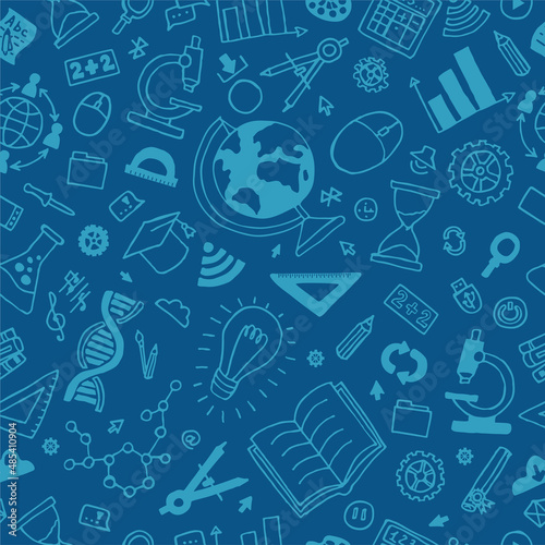 Online education hand drawn seamless web banner. E-learning doodles on blue background. Vector illustration.