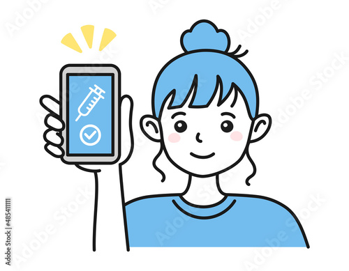 ワクチン接種証明書（ワクチンパスポート）をスマホで見せる女性のイラスト素材