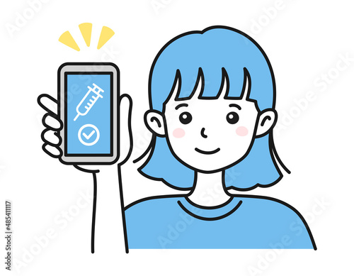 ワクチン接種証明書（ワクチンパスポート）をスマホで見せる女性のイラスト素材