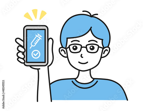 ワクチン接種証明書（ワクチンパスポート）をスマホで見せる男性のイラスト素材