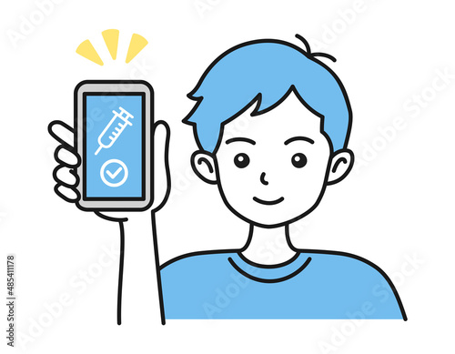 ワクチン接種証明書（ワクチンパスポート）をスマホで見せる男性のイラスト素材