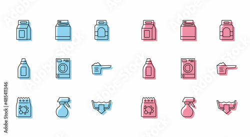 Set line Laundry detergent, Water spray bottle, Washing modes, Washer, powder, Bottle for cleaning agent and icon. Vector