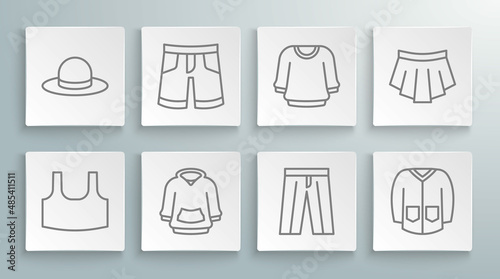Set line Undershirt, Short or pants, Hoodie, Pants, Sweater, Skirt and Man hat icon. Vector
