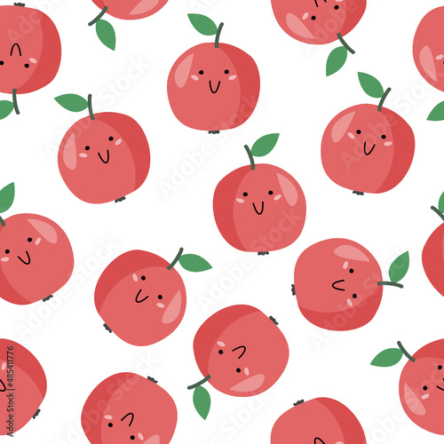Simple cute apple with smile background. Minimal flat style fruit seamless pattern.