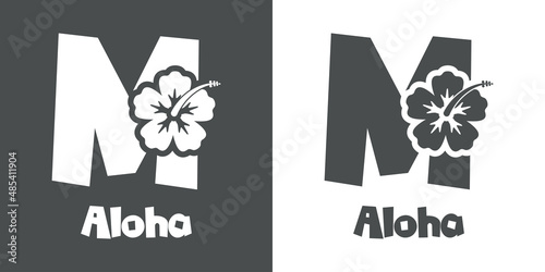 Logotipo texto Aloha con letra M en tipografía tiki con silueta de flor de hibisco en fondo gris y fondo blanco	