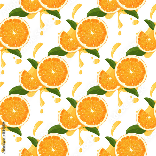 Whole orange whole and slice with green leaves and juicy splashes background. Fresh fruits seamless pattern.