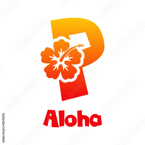 Logotipo texto Aloha con letra P en tipografía tiki con silueta de flor de hibisco en color naranja