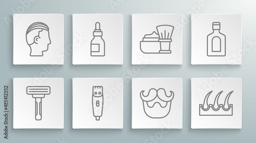 Set line Shaving razor, Oil bottle, Hair clipper, Mustache and beard, Human hair follicle, brush with foam, Bottle of shampoo and Hairstyle for men icon. Vector