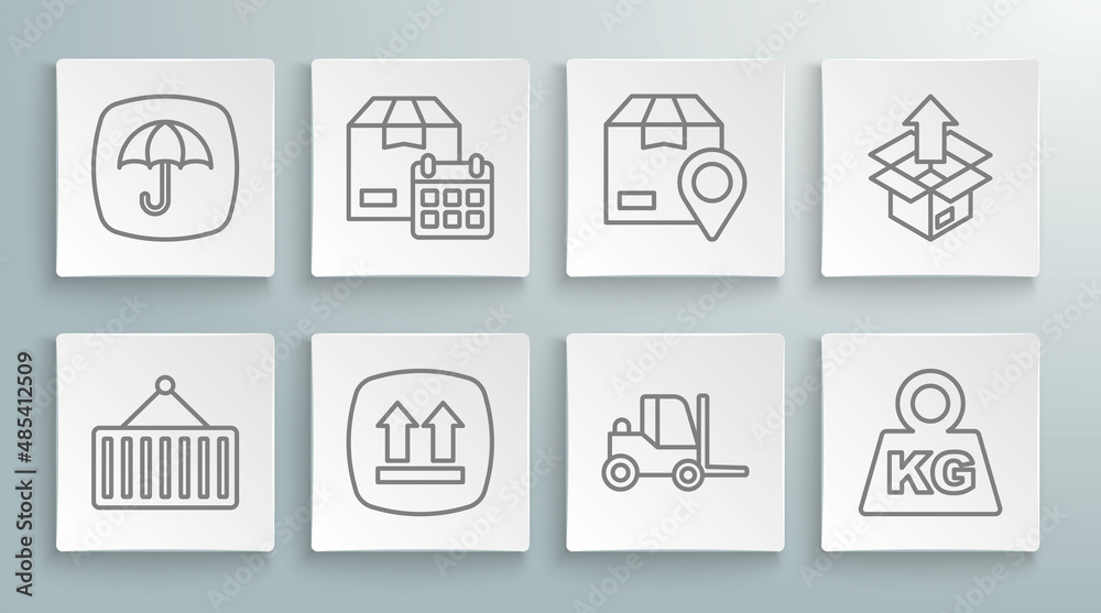 Set line Container on crane, Cardboard box with calendar, This side up, Forklift truck, Weight, Location cardboard, Unboxing and Delivery package umbrella icon. Vector Set line Container on crane, Cardboard box with calendar, This side up, Forklift truck, Weight, Location cardboard, Unboxing and Delivery package umbrella icon. Vector