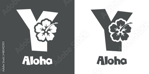 Logotipo texto Aloha con letra Y en tipografía tiki con silueta de flor de hibisco en fondo gris y fondo blanco	