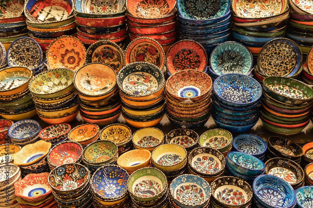 Handmade ceramics, pottery, bowl in the Grand Bazaar, Istanbul, Turkey. Handmade gift ceramic bowls, pottery, and plates. Handmade ceramics, pottery, bowl in the Grand Bazaar, Istanbul, Turkey. Handmade gift ceramic bowls, pottery, and plates.