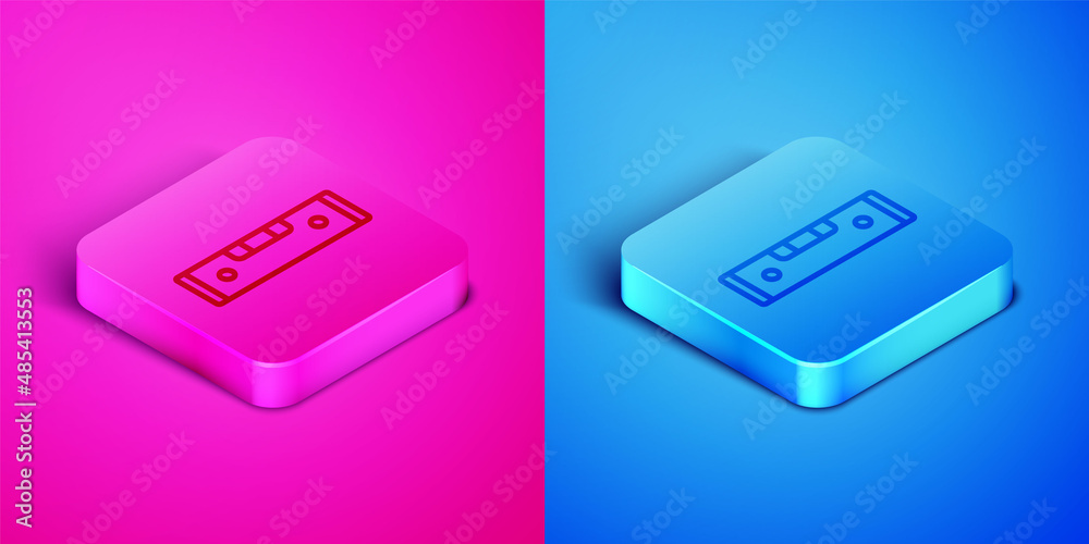 Isometric line Construction bubble level icon isolated on pink and blue background. Waterpas, measuring instrument, measuring equipment. Square button. Vector Isometric line Construction bubble level icon isolated on pink and blue background. Waterpas, measuring instrument, measuring equipment. Square button. Vector