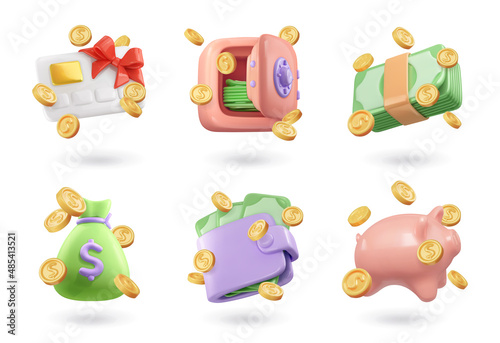 Money 3d render vector icon set. Credit card, safe, paper money, bag, wallet, piggy bank and coins photo
