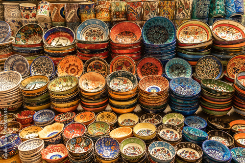 Handmade ceramics, pottery, bowl in the Grand Bazaar, Istanbul, Turkey. Handmade gift ceramic bowls, pottery, and plates.