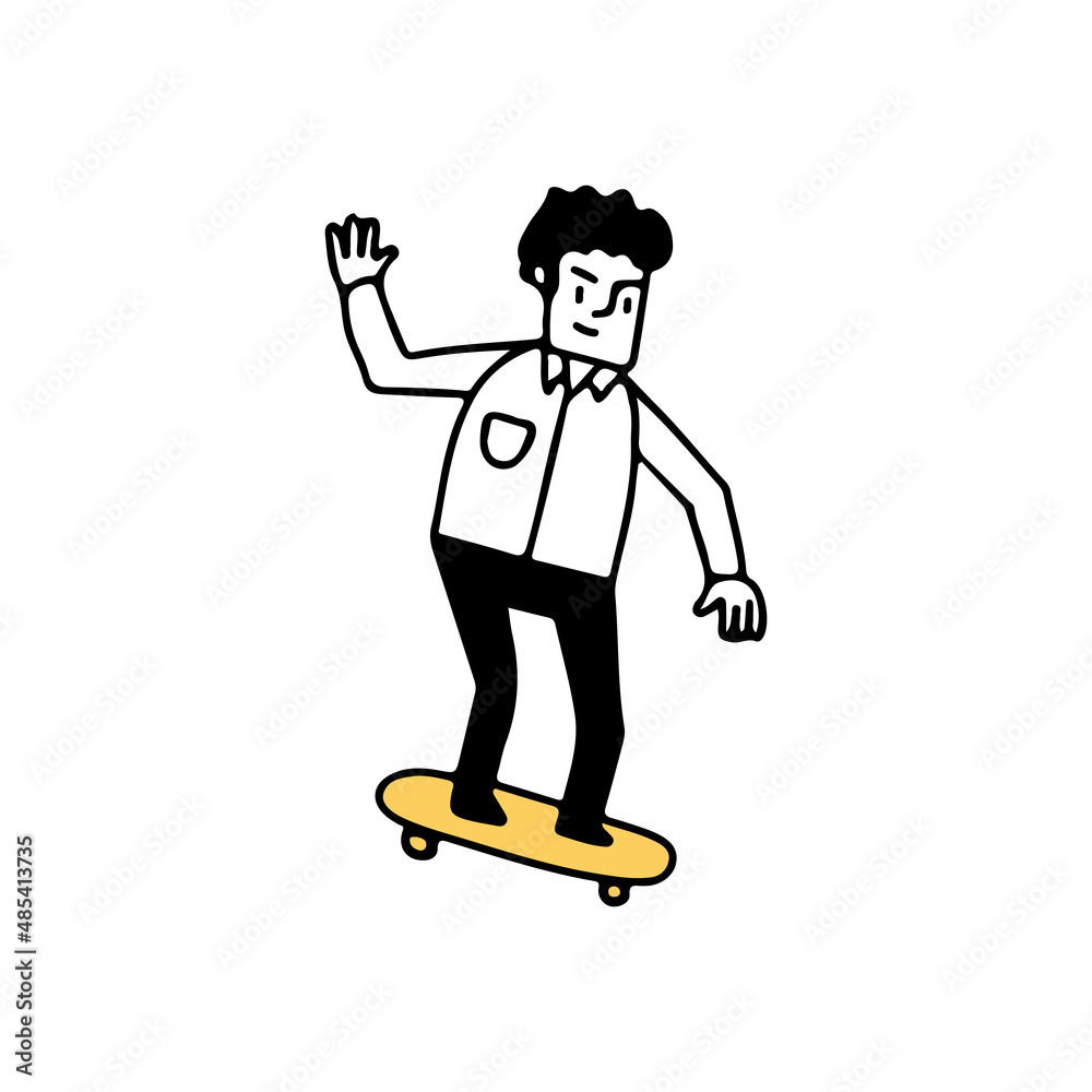 Illustration of a businessman riding a skateboard, Hand drawn Vector Illustration doodle style