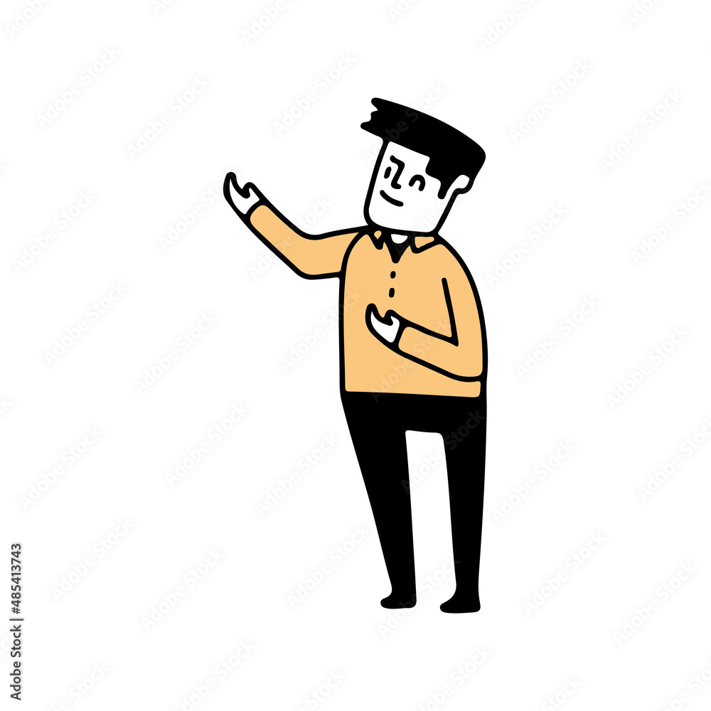 Illustration of a businessman showing something gesture, Hand drawn Vector Illustration doodle style