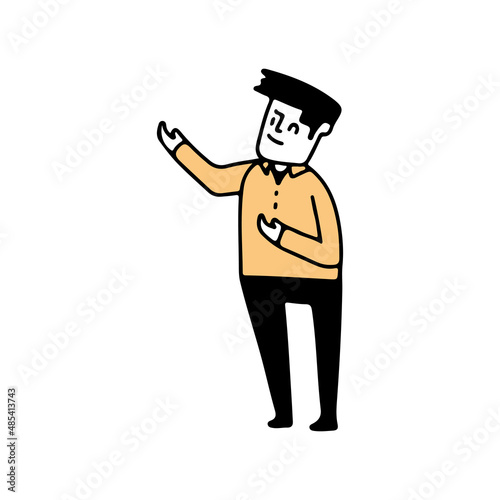 Illustration of a businessman showing something gesture, Hand drawn Vector Illustration doodle style