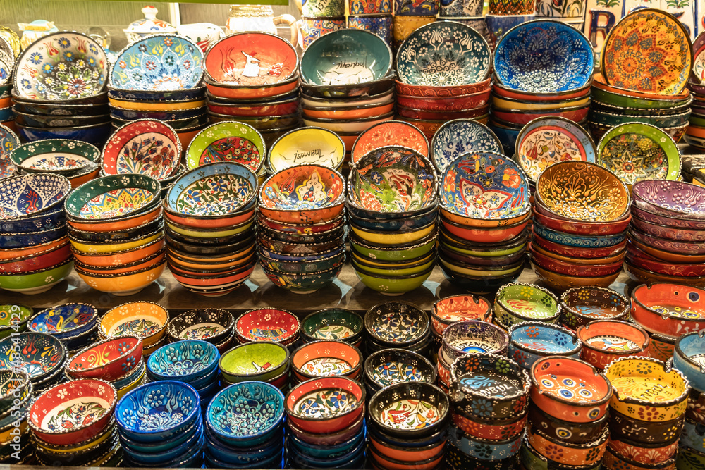 Handmade ceramics, pottery, bowl in the Grand Bazaar, Istanbul, Turkey. Handmade gift ceramic bowls, pottery, and plates.