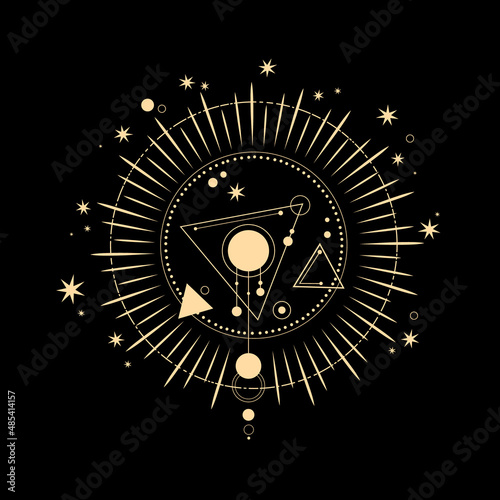 esoteric composition of golden sun and geometric shapes