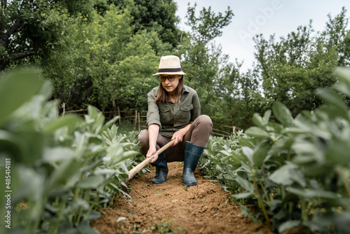 Front view of young caucasian woman female farmer working in the agriculture filed holding hoe to remove weeds and shaping soil and hilling - real people horticulture and self sufficiency concept