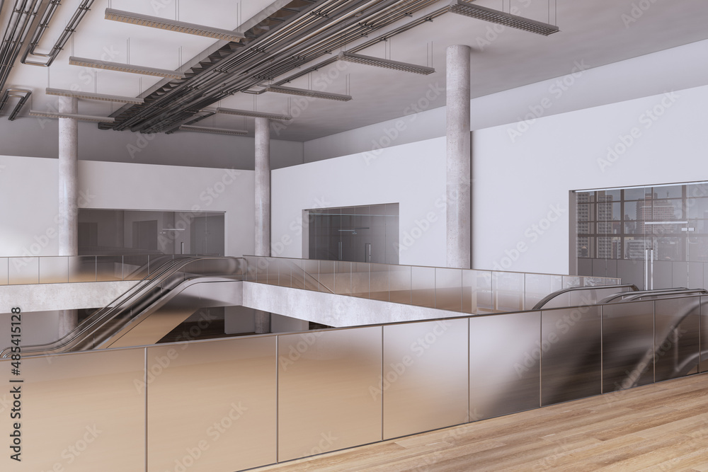 Obraz premium Simple wooden and concrete empty shopping mall interior with escalator. Large public interiors concept. 3D Rendering.
