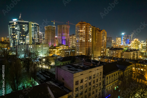 City landscape in Kyiv at night. Aerial photography.