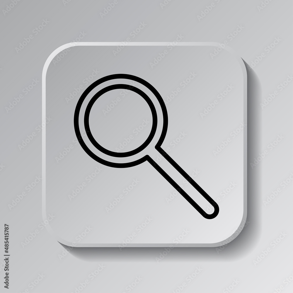 Magnifier, zoom simple icon vector. Flat desing. Black icon on square button with shadow. Grey background.ai Magnifier, zoom simple icon vector. Flat desing. Black icon on square button with shadow. Grey background.ai