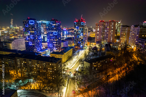 City landscape in Kyiv at night. Aerial photography.