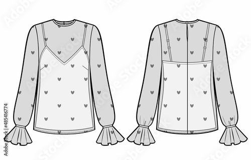 technical sketch of a women's chiffon blouse