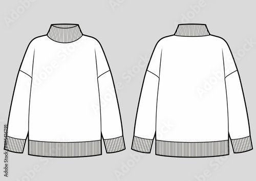 Turtleneck sweater vector template. Front and back view