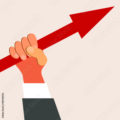 Vector graphics - A man's hand firmly holds a red arrow pointing upwards isolated close-up. Concept - financial growth and success