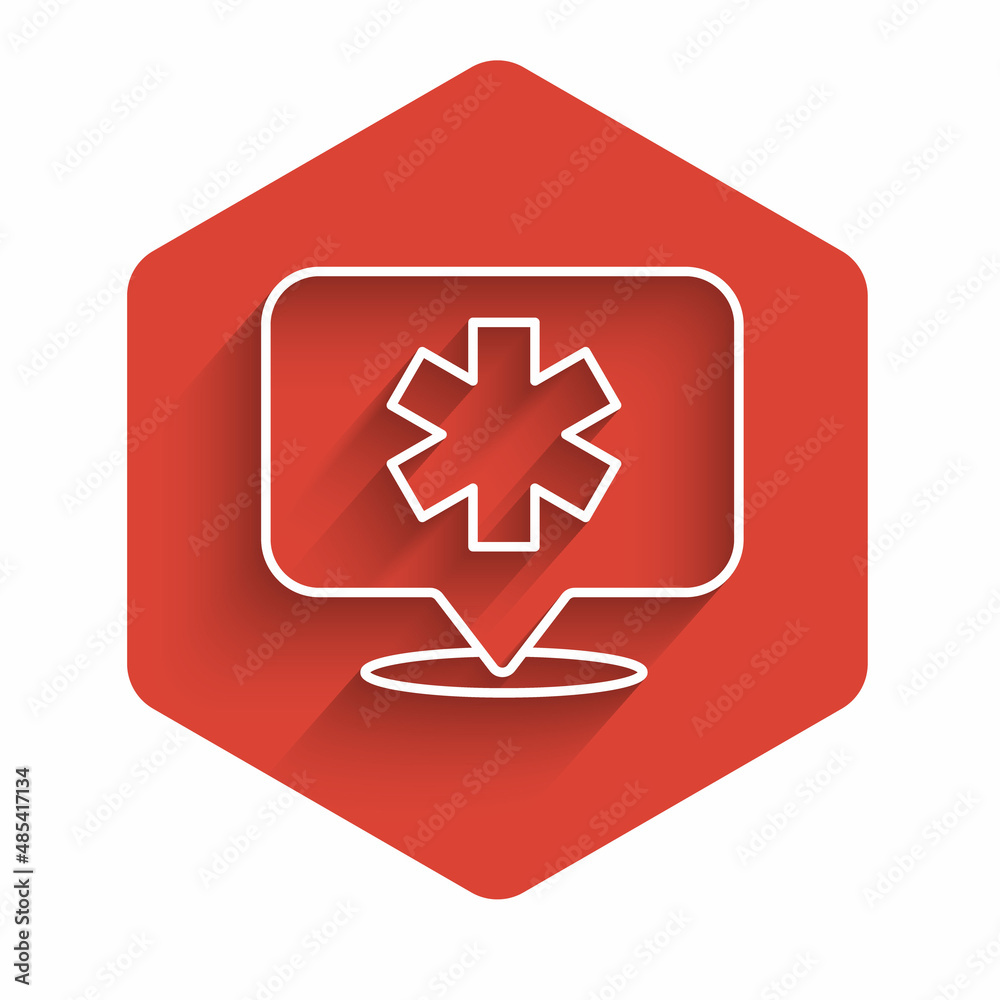 White line Medical map pointer with cross hospital icon isolated with long shadow background. Red hexagon button. Vector White line Medical map pointer with cross hospital icon isolated with long shadow background. Red hexagon button. Vector