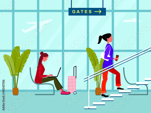 Vector graphics - a young brunette is sitting in a chair waiting for a flight and studying at a laptop, a brown-haired woman is climbing the stairs in the airport terminal against the background of a 