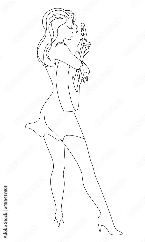 Silhouette of a beautiful woman with a guitar in a modern continuous line style. Girl guitarist, slender. Continuous line drawing, decor aesthetic outline, posters, stickers, logo. Vector illustration