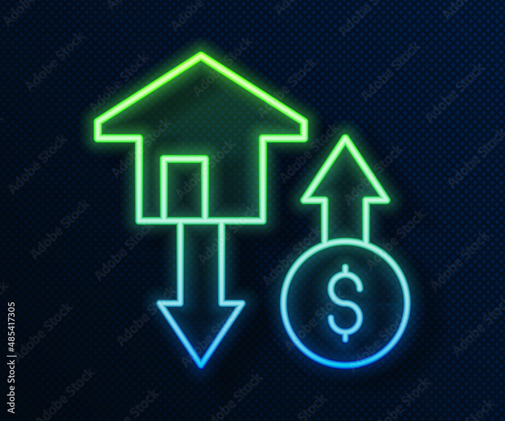 Glowing neon line House with dollar symbol icon isolated on blue background. Home and money. Real estate concept. Vector Glowing neon line House with dollar symbol icon isolated on blue background. Home and money. Real estate concept. Vector