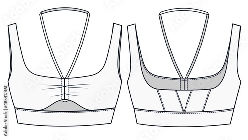 Womens Bra fashion flat template. Girls Crop Top fashion flat template. Technical Fashion Illustration. Sports Bra CAD.