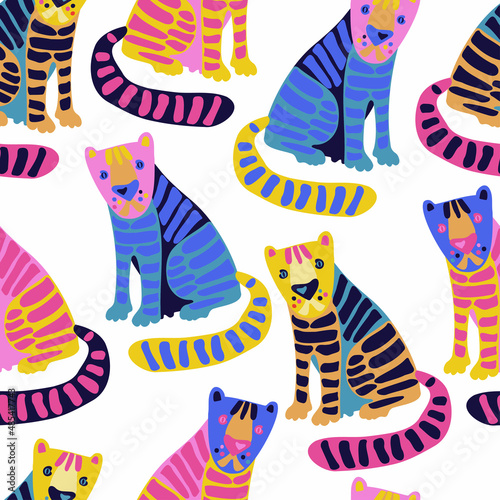Seamless vector pattern design of a cute decorative tiger in bright colors