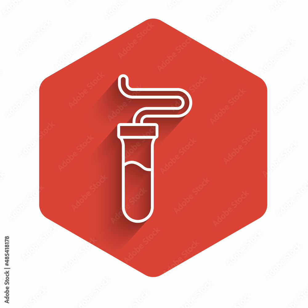White line Test tube and flask chemical laboratory test icon isolated with long shadow background. Laboratory glassware sign. Red hexagon button. Vector White line Test tube and flask chemical laboratory test icon isolated with long shadow background. Laboratory glassware sign. Red hexagon button. Vector