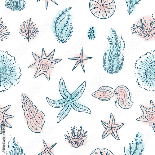 Seamless pattern with seashells, seaweed, fish, corals and starfishes. Marine life on white background. For printing, fabric, textile, manufacturing, wallpapers. Under the sea