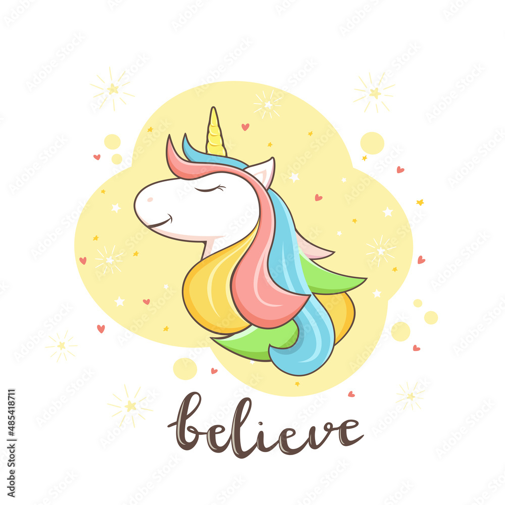 Lettering Believe and Unicorn on Yellow Background