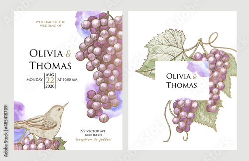 Botanical wedding invitation card template gold design, grapes fruts with leaves.