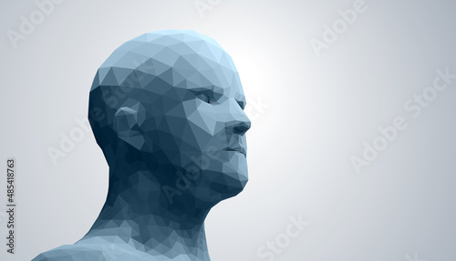 Human head, low poly style 3d vector wireframe object broken into different particles.