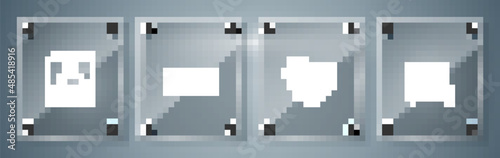 Set Heart, Broken heart, Love text and Diamond engagement ring. Square glass panels. Vector