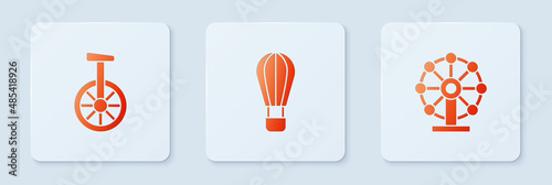 Set Hot air balloon, Unicycle or one wheel bicycle and Ferris. White square button. Vector