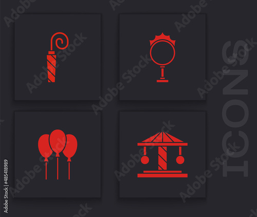 Set Attraction carousel, Birthday party horn, Circus fire hoop and Balloons with ribbon icon. Vector